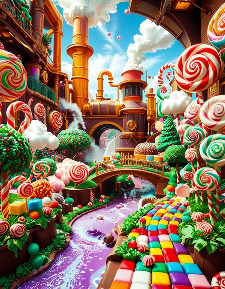 A whimsical and magical photo of Willy Wonkaâs Chocolate Factory. The scene captures the exterior of the factory, featuring a towering, fantastical building with colorful, crooked chimneys puffing out clouds of candy-scented steam. The walls are made of vibrant bricks in shades of purple, gold, and red, with intricate candy-inspired patterns carved into the structure. A large, ornate gate made of swirling lollipop shapes stands at the front, with the name "Willy Wonka" emblazoned in gold letters. Surrounding the factory is a lush, surreal landscape filled with oversized candy canes, gumdrop bushes, chocolate rivers, and trees made of cotton candy. The sky is bright and cheerful, with fluffy clouds that resemble whipped cream. The entire setting feels magical, playful, and inviting, full of bright, saturated colors and incredible, dreamlike details that spark the imagination.
<lora:SDXLFaeTastic2400:0.4> <lora:extremely_detailed:0.4> extremely detailed, <lora:Willy_W0nk4_chocolate_f4ct0ry:1>,Willy W0nk4 chocolate f4ct0ry, Masterpiece,best quality,hi res,8k,hi res,8k,award winning,(sharp focus, intricate, highly detailed),