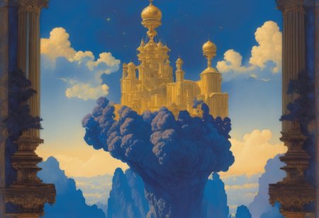 award winning painting of a floating castle in the air, epic composition, detailed, parts made of deep blue crystal,  intricate, Maxfield Parrish Style page