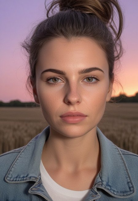 30yo american woman in a wheat field
Small eyes. Brown eyes.
Wearing ripped Denim jacket
no makeup. Clear skin.  realistic skin style
Long dark black slick back hair. No makeup. Dusk, Street light. Looking at camera POV. Slight smile, tilting head.. Tilt head. Hands in head, face, lips.
Medium Close Up shot. Bokeh. Bokeh light. Sunset. yellow, purple sky.