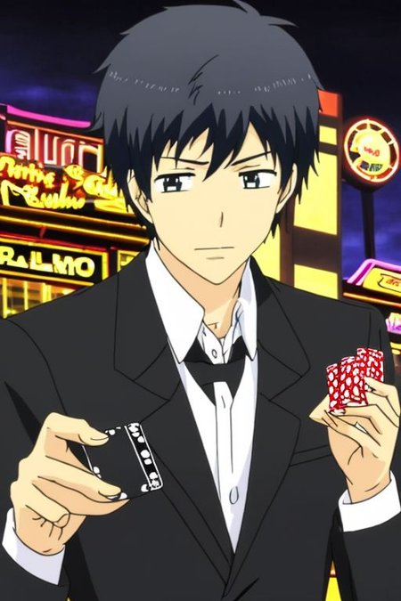 high resolution, solo, best quality, 1Boy, Arata Kaizaki, Black Hair, casino, gambling, OverallDetail