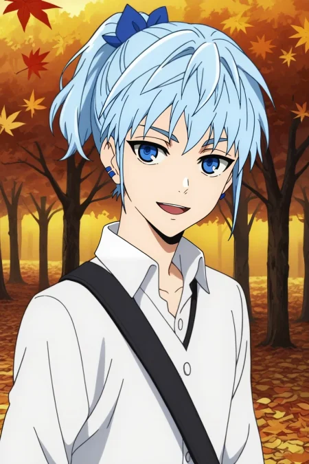 score_9, score_8_up, score_7_up, , rating_safe, , anime screencap, , official style, looking at viewer, , 1boy, solo, male focus, <lora:aguero_agnes_khun_pony:0.94>, aguero_agnes_khun, blue hair, blue eyes, short hair, ponytail, hair bow, earrings, asymmetrical, trees, autumn, leaves, dark, holding weapon, laughing, , <lora:sdxl_lightning_8step_lora:1>