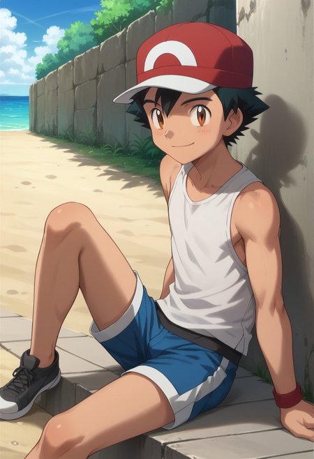 score_9, score_8_up, score_7_up, source_anime, highly detailed, 1boy, solo, male_focus, slender, skinny, cute, 
1boy, male focus, hat, brown eyes,  smile, outdoors, black hair, day, closed mouth, sleeveless, shirt, short pants, bare foot,
simple background, sitting,