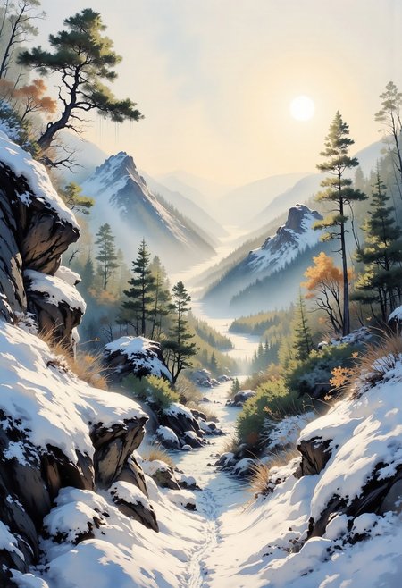 A dinkfsn style ink wash painting 
A serene winter scene in the Blue Ridge Mountains of North Carolina, viewed from a quiet mountain overlook. The rolling ridges are blanketed in fresh snow, their curves softened and glowing under a pale winter sun. Frost-laced evergreens dot the landscape, their deep green branches heavy with powdery snow. The valleys below are shrouded in low-lying mist and drifting flurries, while icy streams glint like silver threads through the woods. In the foreground, a snow-covered rock ledge with traces of animal tracks overlooks the scene. The sky is a soft, cold gradient from pale silver-blue to lavender, with delicate snowflakes still falling gently through the crisp, silent air. The atmosphere is tranquil, hushed, and dreamlike—capturing the peaceful solitude of winter in the Appalachian highlands.