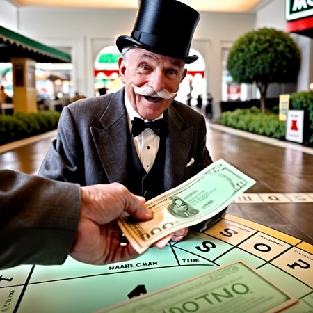 Generate a realistic photo of a hand extending out, offering cash to a man. This elderly gentleman should be portrayed with a prominent mustache, wearing a formal suit and a top hat. The focus is on the exchange, capturing the moment of transaction. The background features a Monopoly-style game board to emphasize the thematic connection. The scene highlights the details of the cash and their expressions, with natural lighting enhancing the realism of the transaction , <lora:cashbaba_xl:0.85>,(dollar), (  real-life interpretation of the iconic Monopoly man )
