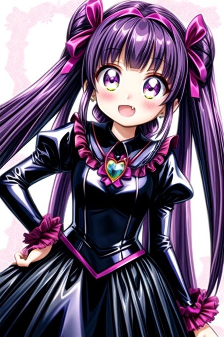 Bad_End_Precure, DarkPrecure, corrupted princess wearing dark pastel (ruffled:1) (gleaming latex:1) gown with (latex vampire cloak:1) and (long frilly wide sleeves), soft lighting, ruffles, (cute little fang:1)
(vmpr:1),
<lora:more_details:1>,