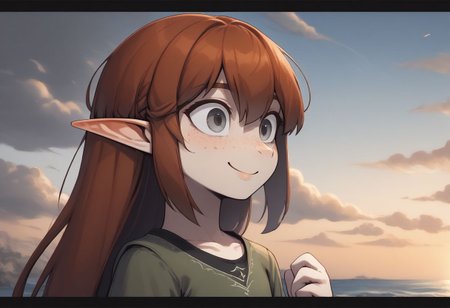 Lapanya, 1 person, solo, dynamic shot, pointy ears, ((snout nose)), flat chest, light skin, freckles, tall, ((gray eyes, gray irises)):1.2, ((smiling, friendly expression)), auburn hair, long hair, several strands of hair sticking straight up, back-length hair, average build, small nostrils, ((3 fingers 1 thumb)), baggy long-sleeve green tunic, ((blue breeches))
Falling from the sky, upside down, hair blowing in wind, falling headfirst, nosedive, midair, face towards the ground, wide eyes, wild expression
Clouds above, ocean below
clean lines, up close, upper body focus, highly detailed face, high quality, best quality,  score: 9, score: 8 up, rating: safe