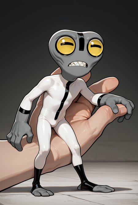 <lora:greymatter-09:1> greymatter, solo, 1boy, white bodysuit, grey skin, , small body, big hands,  , sharp teeth, big yellow eyes, big head, dynamic pose, , tiny character, getting grabbed, being held, standing on someone's hand,, masterpiece, best quality, amazing quality, very aesthetic, absurdres, newest,