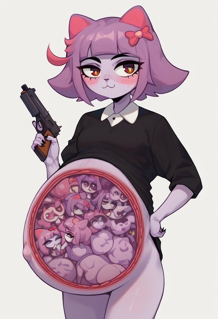 score_9, score_8_up, score_7_up,
fetus, multiple guns pregnancy, pregnant, x-ray  <lora:fetus:1>
by nezumi \(artist\), (multiple weapon:1.1),
masunya, masyunya (vkontakte), masyunya /(vkontakte/), cat ears, purple skin color, hair bow,  (purple hair color:1.1), <lora:masunya-masyunya_ponyXL_v1:0.8>