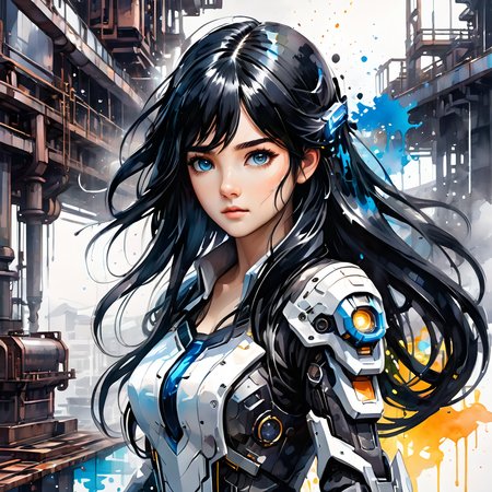 ink splashing,semi realistic, 2d game scene,oil and watercolor painting,
 <lora:fantasy_world:1>ï¼
Masterpiece, illustration,8K wallpaper, super detailed,portrait,(full body),(dissection:1.5),(Disassemble:1.3)
(1 girl:1.5),(solo),(long black hair:1.4),(Machine structure body),ponytail, (Medium breasts),(Beautiful detailed blue eyes: 1.3),
(white background: 2), mecha,natural light, light tracing