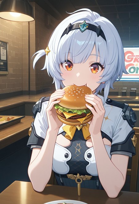 masterpiece, best quality, 4k, expressive eyes, perfect face, high detail, bloom, lens flare, godrays, post processing, cinematic lighting, volumetric lighting, 1girl, Anby Soldier 0, solo, white hair, hair-band, star hair-band decoration, side ahoge, short hair, orange eyes,detailed eyes,combat suit, high collar, star brooch, chest mesh, short sleeves, happy, Sitting, chair, holding food, bite burger, eating, front view, indoors, burger store, looking at viewer