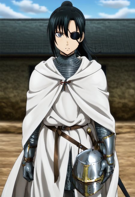 masterpiece, best quality, absurdres, detailed skin, detailed eyes, detailed face, anime colored, anime screencap, anime colored,
<lora:yagyu_kyuubei:1>, 1 girl, kyubei, 
cowboy shot, looking at viewer, serious,
<lora:Great_Helm:0.9>, chainmail, ((holding helmet)), greathelm, sword, sheathed, cape, gauntlets,
outdoors,