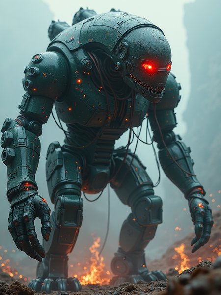 A huge mechanical creature covered with complex code and circuits, its eyes flashing red and destroying everything around it.
