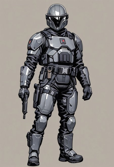 score_9, score_8_up, score_7_up, masterpiece, best quality, very aesthetic, detailed face, (dynamic:1.1), partial illumination, thick linework, illustration, 1male, muscular, black body suit, gray armor, belt, holsters, pouches, tactical knife, sheath, blaster carbine, heavy armor, solo, simple background, shoulder crest, full body view, boot knife, tactical gear,