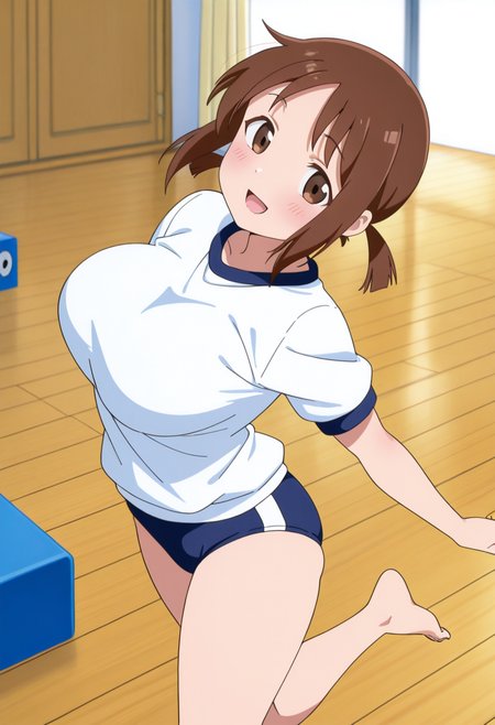 hinako_(issho_ni_training), brown hair, brown eyes, short hair, large breasts,
twintails, gym uniform, blue buruma, barefoot,
 <lora:hinako_(issho_ni_training)_Noob-XL-Eps-1.1-v1:1>, masterpiece, best quality, newest, absurdres, highres, safe,, standing, (dynamic pose) , blush,
looking at viewer,cowboy shot,open mouth,light smile, 
(indoors, )