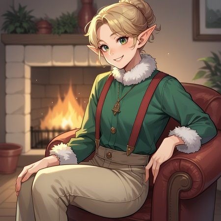 score_9, score_8_up, score_7_up, score_6_up, score_5_up, score_4_up, zPDXL2,source_anime,rating_questionable,indoors, fireplace, cozy, smile,   <lora:Christmas_Elf:0.7>  3lf, pointy ears, pointy hat, green shirt, beige pants, red suspenders, fur trim,