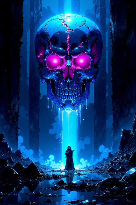 <lora:DGLO_style_v.7:0.75> DGLO style. An enormous, glowing cybernetic skull hovers ominously in a cavernous, dark, and futuristic void. The skull is fractured, with its cracks emitting neon blue and violet energy, pulsating like a digital heartbeat. Surrounding it, towering monolithic structures of black metal rise, inscribed with faintly glowing, alien circuitry patterns. The ground is a shattered reflective surface, crackling with electric-blue energy streams that radiate outward, connecting to mysterious holographic glyphs floating in midair. In the distance, a lone, hooded figure clad in glowing robes stands at the base of the skull, their hands raised as if summoning its power. The lighting is sharp and ethereal, casting long shadows that ripple across the scene, emphasizing the interplay of technology and mysticism. Camera angle: a dramatic low perspective, emphasizing the skull's immense scale and the figure's insignificance.