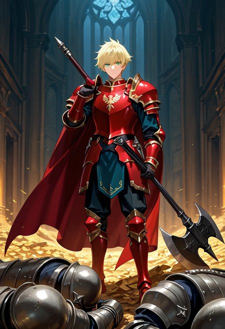 hush_middy, green eyes, light blond hair, 1boy, solo focus, he is dressed in a suit of red iron platemail, Break, he is holding up a black coloured axe, white-lined in axe, Properly holding the axe, his armour bears a crest of a yellow eagle, fantasy armour, stylized silver eagle emblems and symbols on armour and sheild, Break, epic background is a a beautiful palace, a strong wind is blowing his cape, heavy plate armour, red-whited coloured armour, detailed draw, detailed eyes, high quality, best quality, high definition