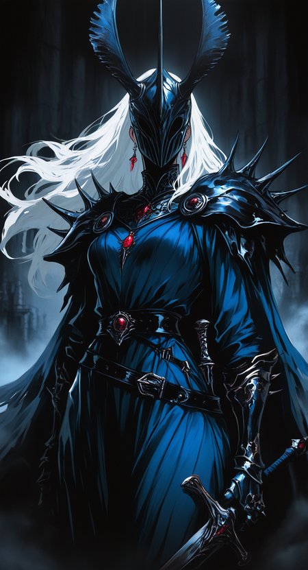 masterpiece, best quality, good quality, very awa, very aesthetic, absurdres, newest, 1girl, solo, long_hair, breasts, delicate dress, jewelry, white_hair, Rhinoceros beetle helmet, hollow helmet, weapon, cowboy_shot, earrings, belt, sword, black_dress, cape, delicate armor, from_side, mask, blue_dress, delicate helmet, delicate_shoulder_armor, gauntlets, black_belt, spikes, pauldrons, covered_eyes, knight, covered_face,
, dark_fantasy_style, dark fantasy, retro, FF Style <lora:ponyv6_noobV1_2_adamW-000017:0.7> <lora:USNR_STYLE_XL_lokr:0.45> <lora:dark_fantasy_anime_illustriousXL:0.6> <lora:MinimalColorSketchIllustriousV1:0.3>