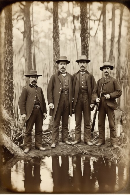 <lora:Albumen Print:1>Albumen Print - Daguerreotype of An inspector with sheriff's officers in the thick of the Louisiana swamps in 1920.
