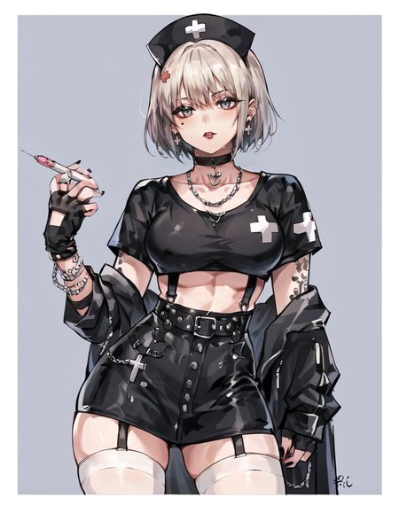 score_9, score_8_up, score_7_up, score_6_up, score_5_up, score_4_up, BREAK source_anime, <lora:NNurse:0.6>, NNurse, <lora:Gothic:0.75>, GothicC, make-up, tattoos