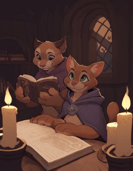furry, furry brown cat, brown fur, wearing a hooded cloak, purple cloak,  mild smile,  looking down, eyes up, green eyes, cat paws, tail, cat ears, wizard's room, shelfs, potions, candles, books, spiderwebs, round window, medieval, fantasy,  night time, 
 <lora:Seth-Iova__Leosaeta_Artist_Style_Pony_XL:0.8> furry, seth-iova <lora:snowskau:0.8>, score_9, score_8_up, score_7_up, score_6_up, score_5_up,
