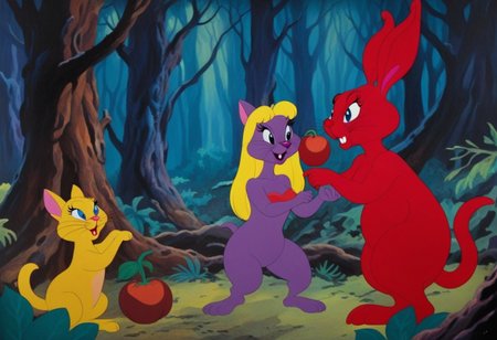 artistic fantasy art of a old animation film, two woman in a forest picking fruits, there is a red and purple bunny and a yellow cat, art by Ralph Bakshi, oilpaint,