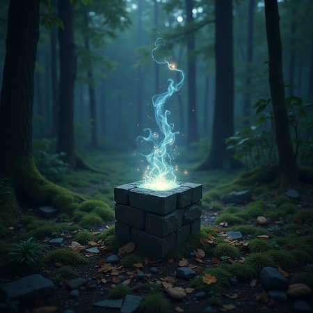 Spiritual cube with portal on reeds ground, palette, vintage