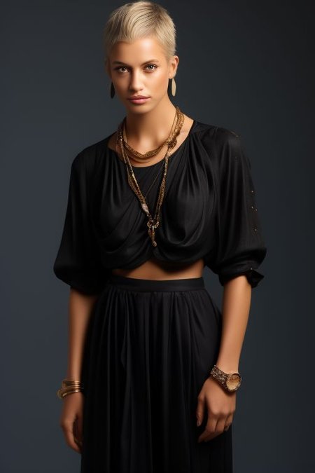 masterpiece,best quality,ultra_detailed, bellissima , studio light, 1girl wearing skirt suit, chain necklace, wristwatch, Armani style, short hair, hand on hip, realistic, fashion, cowboy shot, by annie leibovitz