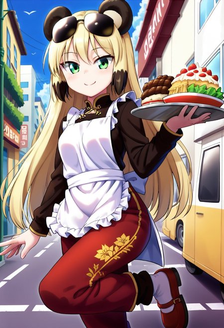 score_9, score_8_up, score_7_up, score_6_up, score_5_up, score_4_up, 1 girl, 1girl, blonde, long hair, black panda ears, (green eyes: 1.1), BREAK pron, baozi, white apron, chinese clothes, food, closed mouth, pants, red pants, tray, holding, BREAK naughty face, seductive smile, in heat, happy, seductive, sexy, alluring, charming, BREAK (blue sky:1.3), (daytime:1.2), (Shibuya:1.1), (urban area:1.2), (outdoor:1.2),street,downtown, standing on one leg,