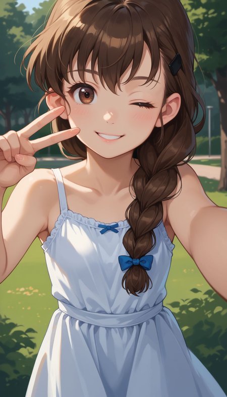 score_9, score_8_up, score_7_up, score_6_up, , solo, 20yo woman, (Beuty:1.1) , (cute:1.3), ,perfecteyes , seductive smile,perfect (photo realistic:1.2), (simple background:1.1)
 <lora:Rukuriri:1>  single braid, hair over shoulder, brown eyes, long hair, bangs, brown hair, hair ribbon, hair ornament, hairclip, braided ponytail,  
,smile, selfie, v, one eye closed, head tilt, park, sleeveless, dress, sundress, dress, solo, solo focus