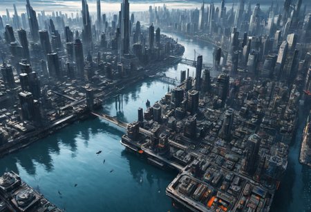 masterpiece, best quality, CITYSCAPE, river, docks, bridge, FUTURISTIC, BREATHTAKING, CYBERPUNK, (BIRD VIEW:1.5)