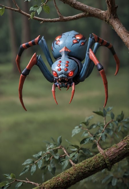 no humans, monster,
pokemon (creature), spider,
extra eyes, glowing eyes, red eyes,, <lora:broodmother_spider_v1:1> broodmother_spider_v1,, score_9, score_8_up, score_7_up, score_6_up, derpibooru_p_95, solo
detailed eyes, beautiful, detailed background, perfect eyes,
blur censor, blurry, blurry background, blurry foreground, bokeh, motion blur,
chromatic aberration, depth of field, figure, focused,  focus
photography, realistic sun light and shadows, photorealism, UHD --ar 9:16 --style raw --stylize 700
long shot.  full body, in full growth , merry , Swinging from tree branch, cozy farm set in pottery drying clay pieces afternoon light