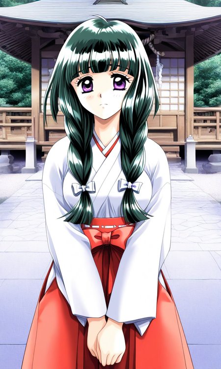 general,highres, ultra-detailed,very aesthetic,best quality ,best hands, BREAK  <lora:Kamiyama_Miko_kakyuusei_Ver2.0_IS:1>Kamiyama_Miko(kakyuusei), 1girl, solo, dark green hair,, long hair, purple eyes, twin braids, white bow, blunt bangs, hair bow, medium breasts,
small breasts, hair over shoulder, japanese white clothes, miko, red hakama, 
v arms,
shrine, cherry blossom,