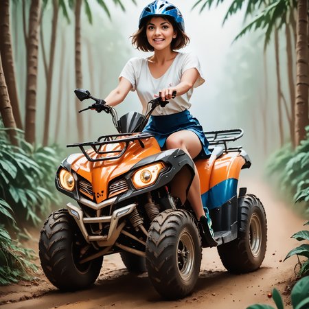 score_9, score_8_up, score_7_up, riqua (side view) , (slim 25yo female) riding a quad. blue short skirt and white blouse, sneakers , short brunette hair  <lora:RideQuadPony:1>