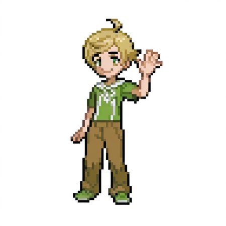 1boy, 
full body, 
blonde, short hair, sideswept bangs, ahoge, green eyes, thick eyebrows, smile, waving