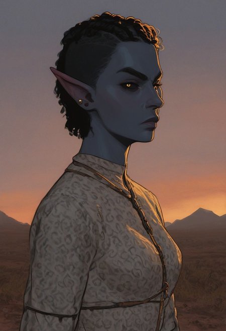 solo, short pointy ears, full body, action stance, piercings, random elf face, aquiline features, female dark elf, brow rings, beaded piercings, weathered skin, blue-grey skin, large nose, insect chitin armor, insect chitin helmet, insect chitin ornaments, stylized insect pattern, athletic build,  animated realism, zoomed out, Syrian features, torso, yurts, tents, native camp, elegant berber tapestries, dead desert trees, ash dunes, distant volcano, ashy soil, grey green foliage, distant grey hills, sunrise, gloomy lighting, grey fabric awnings, dark wood posts, light dust clouds, grey-blue skin, mahogany and ivory clothes, medium armor, bone plate armor, ivory straps and fittings, alien bone ornaments, grey wood neckguard, medium_breasts, grey sclera, black pupils, blue-green light, neon, highly detailed, defined features, looking at viewer, three quarters view, from side, dynamic lighting, 29 years old, light and shadows, patterned cloth, annoyed expression, expressive eyes, detailed medieval clothes, short hair, wavy hair, thick hair, beaded hair, braided hair, under cut hair, semirealistic, alien elf, spanish features, jewish features, black hair, dark red hair, desaturated blue skin, sharp features, pastel green inuit print cloak, nighttime, high detail, absurdres, pretty eyes, detailed eyes, yellow eyes,