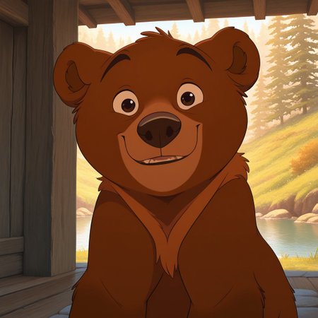 dynamic, expressive, best quality, amazing quality, detailed, indoors, detailed background, shaded,koda, solo, 1boy, bear, dark brown fur, orange neck fur, orange muzzle, dark brown legs, dark brown paws, looking at viewer, smile, outdoors, detailed scene