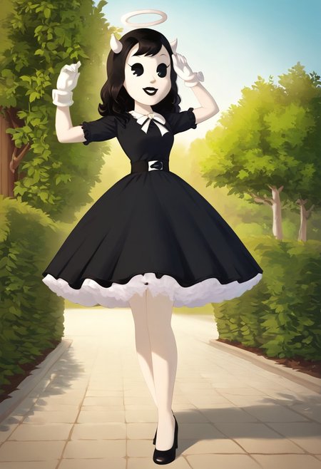 (Masterpiece, best quality:1.2), score_9, score_8_up, flat color, flat shading, soft shading, lighting, Alice Angel in a 1950's dress with a button down top, a fluffy frilly ruffled full petticoat, and high heels, dress, layered petticoat, frilly petticoat, fluffy petticoat, full petticoat, wide dress, flowing dress, long skirt, solid colored skirt, short sleeves, black hair, Bendy and The Ink Machine, series accurate, cute, best high quality, high res, black lips, white colored skin, whole body shot, 1girl, solo, outside, standing straight, in a garden, cute, adorable, smile, low angle shot, cartoon, cartoon style, vector, solo, circle dress, 1950s, alice angel