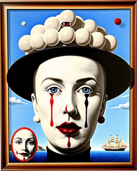 A close up portrait of elegant female humpty with pale white face with eyes looking straight at you. Also a harlequin lady with juggling balls on a boat on choppy sea scape by René Magritte. More surrealism and madness. Much more surrealism and crazy designs. With surreal clouds, Salvador Dali clouds coming out of her head. More surrealism and crazy ideas. Like a circus theme. doviliotarot      <lora:DovilioTarot_SDXL:1.0>