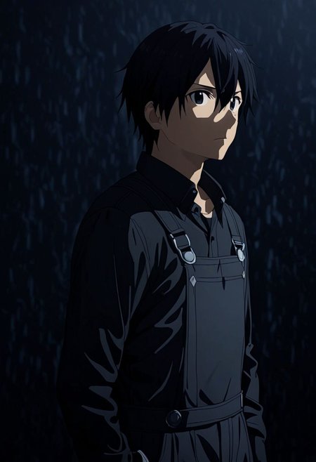 high resolution, professional photography, best quality, 1Boy, Kirigaya Kazuto, Black Hair, Black Eyes, overalldetail, cool, Mysterious black background, Movie lighting, a sense of atmosphere