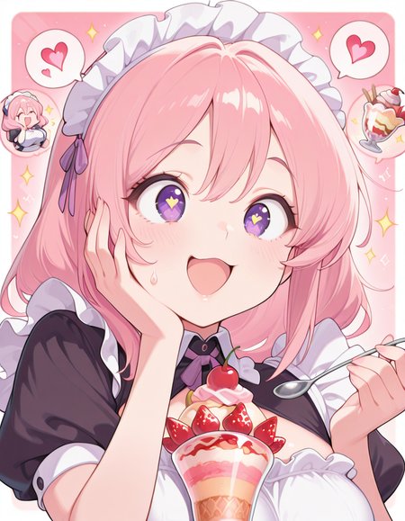 masterpiece, best quality, amazing quality,, <lora:CivChan:1>, CivChan, purple eyes, pink hair, mature female, breasts, maid headdress,, <lora:parfait-illustriousxl-lora-nochekaiser:1>, parfait, open mouth, heart, food, sparkle, fruit, happy, hand on own face, spoken heart, ice cream, strawberry, spoon, hand on own cheek, cherry, holding spoon, , ,