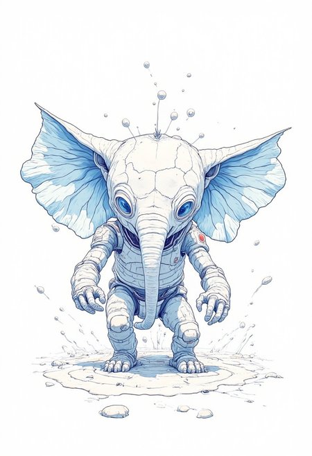 Flat color, vector design, white background, character, constructivism, poster, minimalistic, behance, illustrator. cubism, gmtrcCE style, geometric, style of John Kenn Mortensen, vivid colors A simple sketch of an anthropomorphic elephant with arms and legs, drawn on lined paper by hand using a blue ballpoint pen. The drawing is very rough but has clear outlines with eyes and a big smile.
