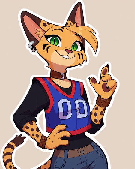 score_9_up, score_8_up, score_7_up, score_6_up, by remanedur, half-length portrait, medium breasts, brown choker, serval, green eyes, female, looking at viewer, tail, 4 fingers, ear piercing, brown bracelet, bracelet, collar, denim bottomwear, denim jeans,  brown ears, brown spots, facial markings, jersey, tail, solo, smile, three-quarter view, head tilt, simple background, white outline,  <lora:Leah_Pines(AIM)_XL_v1:0.15> <lora:PDXL_artist_tags_v2_big:0.5> <lora:The-Minuscule-Task_PDXL_v1.0:0.6>  <lora:Pepper_Paminta_Ruffu:0.55>