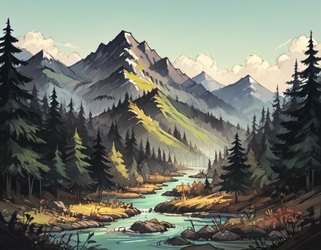 score_9, score_8_up, score_7_up,  <lora:Messy Sketch Style:1>, forest with mountains and rivers,