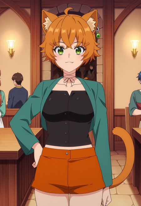 anime screencap, masterpiece, best quality,
<lora:ARankParty(Aparida)_NeneShifindle_IlluXL_v2:0.9>,
1girl, people, closed mouth, light smile, :3, fang,
ahoge, short hair, orange hair, green eyes, hairclip, single earring, animal ears, cat tail, orange tail,
neck ribbon, black ribbon, open jacket, aqua jacket, collarbone, black shirt, long sleeves, midriff, short shorts, orange shorts,
hand on own hip, standing, looking at viewer, cowboy shot,
indoors, medieval, restaurant