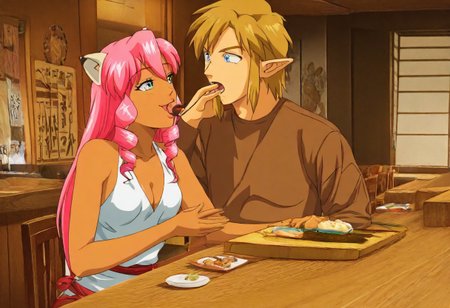 Pink_DragonPink, 1girl, sleeveless dress, white tiger print dress, pelvic curtain, cleavage, white tiger tail, red sash, small breasts, leather shoes, masterpiece, very aesthetic, cute expression <lora:pink-illustrious:1>, japanese restaurant, counter, showcase, omakase, sushi plate
Break
(anime, anime coloring:1.3),1boy,Anime screencap,link (zelda),blonde hair,blue eyes,pointy ears, wearing blue hyilian tunic, holding chopsticks, Link feeding dragonpink sushi, indoor, chair, window, japanese restaurant, counter, showcase, omakase, sushi plate, wooden plate,
Dragonpink and Link happily enjoy a meal, indoors, chair, window, japanese restaurant, link and dragonpink feed each other sushi, link and dragonpink holding hands, link and dragonpink kissing, counter, showcase, omakase, sushi plate, wooden plate, both dragonpink and link upper bodies in frame, smiling at each other