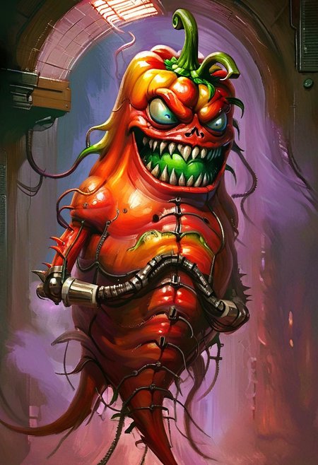 w4rh4mm3r style oil painting, grimdark, cybernetic , 
tall creepy bell peppers man monster, lascivious smile