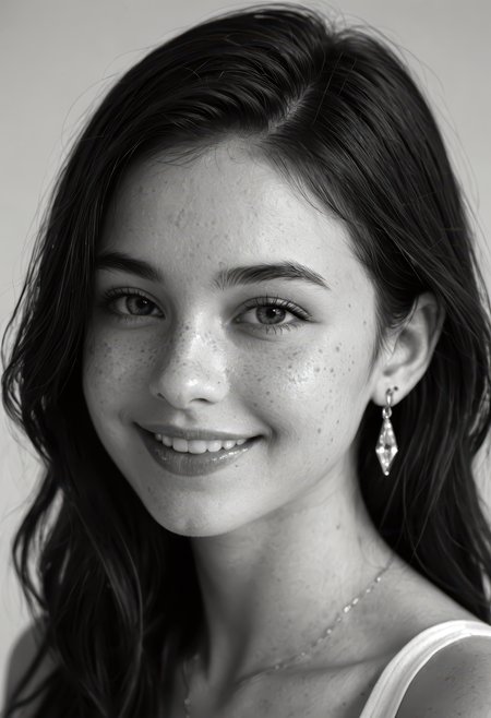 score_9, score_8_up, score_7_up, realistic, photo, black and white portrait of a young woman with subtle freckles and soft natural features, slightly tousled dark hair, subtle smile with a quiet intensity, wearing small dangling earrings, minimalistic studio lighting, high contrast grayscale tones, cinematic depth, raw emotion, ultra-realistic texture and fine detail, moody and artistic style, polished appearance