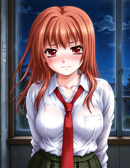 (1girl, solo:1.3), (2girls, 3girls, 4girls, multiple girls, 2boys, 3boys, 4boys, multiple boys:-1.5) <lora:Kazuyagi_Akane_Gore_Screaming_Show_Illustrious:0.9>, Kazuyagi_Akane, large breasts, red eyes, brown eyes, brown hair, long hair, school uniform, open shirt, long sleeves, red necktie, pleated skirt, plaid skirt, checkered skirt, white legwear, embarrassed, (half-closed eyes:0.7), general, contrapposto, dynamic pose, arms behind back, portrait, straight-on, pov, dutch angle, (close-up, face focus:1.2), indoors, <lora:NOOB_EPSv1_1_detailer_by_vlnvk_v1_0:1.5>, (photo background:0.7), night, (tachibana yuu:0.6), inue shinsuke, (kazuma muramasa:0.0), saikawa yusa, (aoi manabu:0.6), abarerumidori, (suzui narumi:0.6), masterpiece, newest, absurdres, 8K, anime screenshot, anime coloring, flat color, official art, film grain, <lora:illustriousXLv01_stabilizer_v1.185c:0.7>, <lora:LECO_Solo:-4.0>,