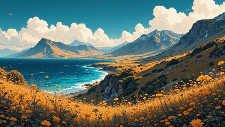 painting by Basil Gogos and Daniel Gerhartz of landscape seen from the top of the mountain with the ocean on the left side, its vastness stretching into the horizon. The ocean is held back by towering mountains that rise steeply in the center, creating a natural barrier. On the right side, a deep valley unfolds, with the mountains acting as a protective boundary, preventing the water from flowing into it. In the valley below, distant homes are scattered, their small structures nestled among the rolling terrain. The contrast between the towering mountains, the calm ocean, and the quiet, serene valley below creates a sense of harmony and isolation.
The sunlight is strong and direct, casting sharp, distinct shadows on the surrounding landscape. The shadows stretch across rolling hills, creating striking contrasts between the illuminated and shaded areas. In the foreground, a patch of tall grass sways gently in the breeze, with the sunlight highlighting its golden hues while the shadows of the clouds move across it, adding depth and texture.  aidmaMJ6.1 . aidmafluxpro1.1